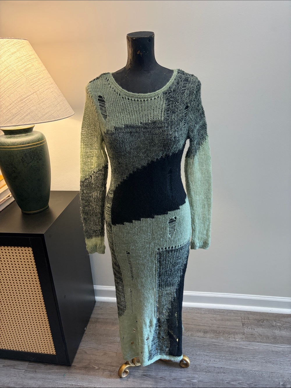 Cider Grunge Patchwork Distressed Sheer Knit Sage & Black Maxi Dress Size XS